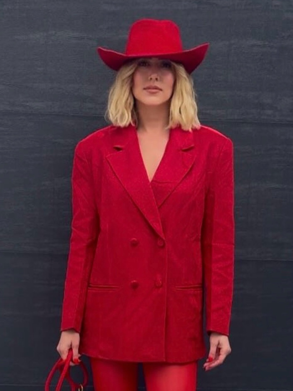 Dressed in LALA Bold Red Double-Breasted Blazer
